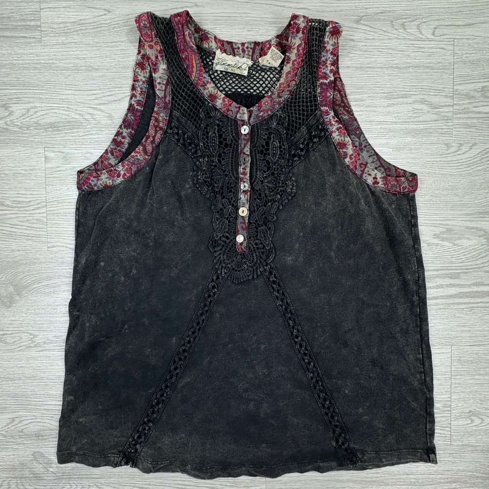 Gimmicks Women's Tank Top Large Black Crochet Lace Paisley Mesh Mixed Media Boho